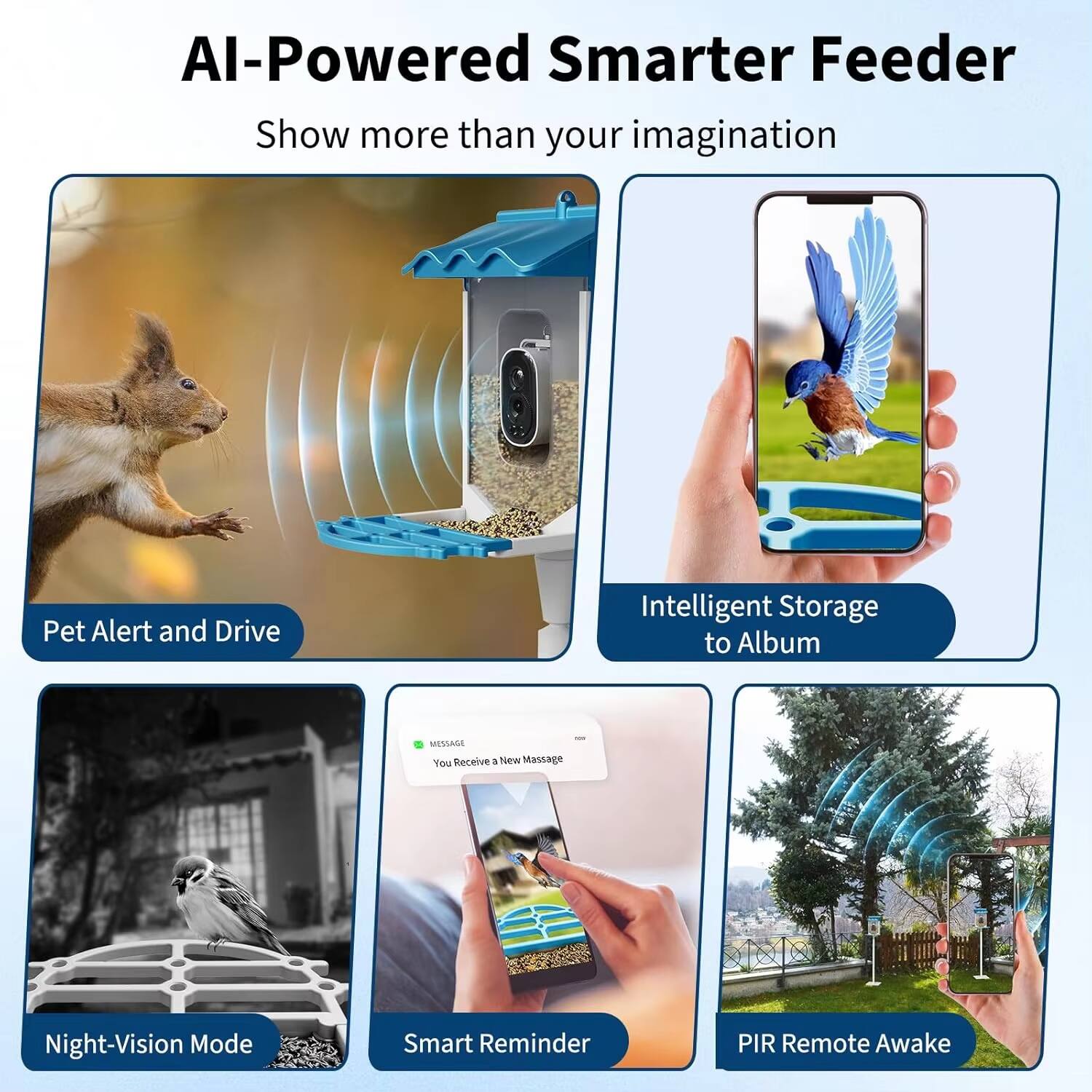 AI-Powered Smarter Feeder  
Show more than your imagination  

- Pet Alert and Drive  
- Intelligent Storage to Album  
- Night-Vision Mode  
- Smart Reminder  
- PIR Remote Awake