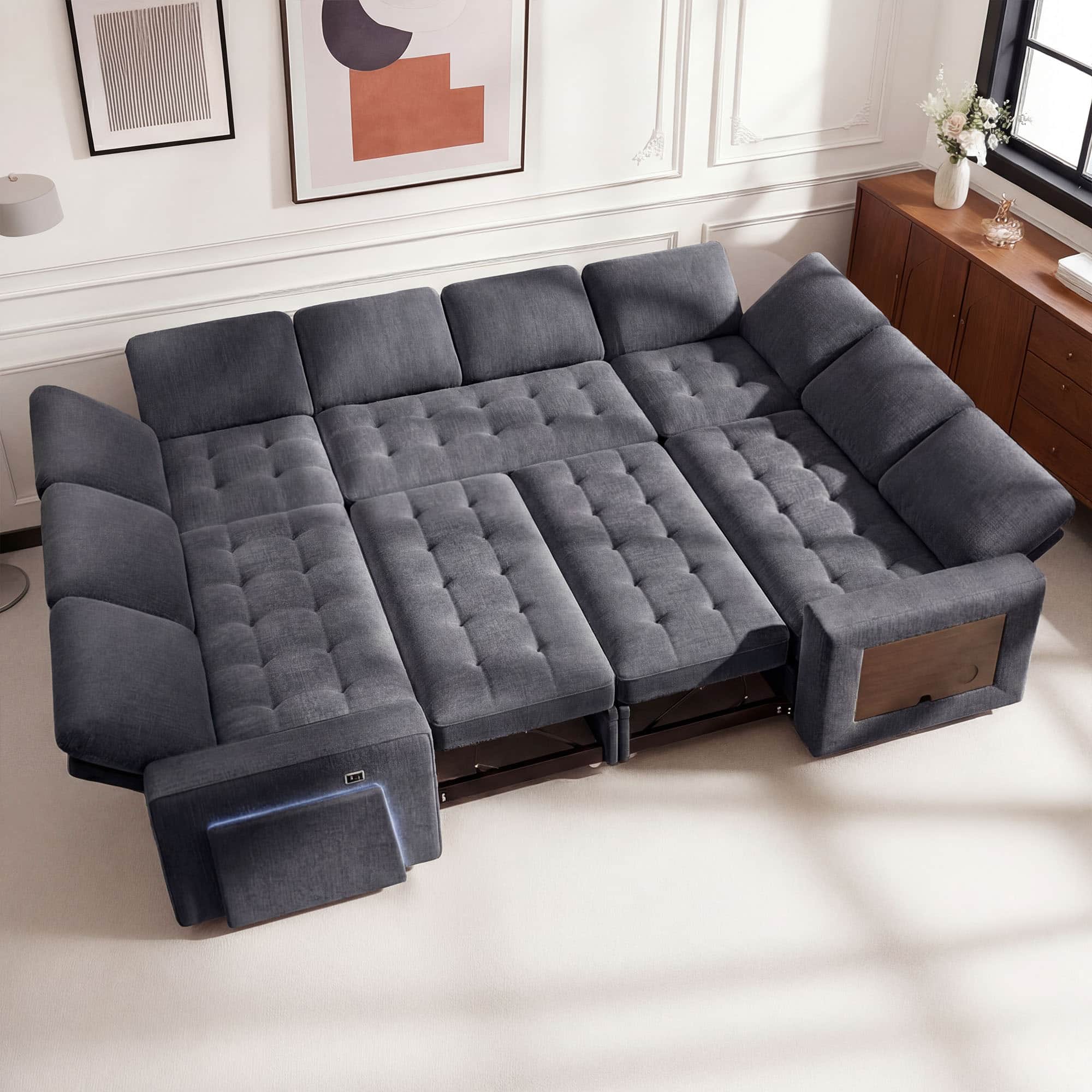 Dyonery - 8-Seat Modular Sectional Sleeper Sofa with Pull-Out Bed, Reclining Backrest, USB Ports, Table, LED Lights ,Gray - Gray