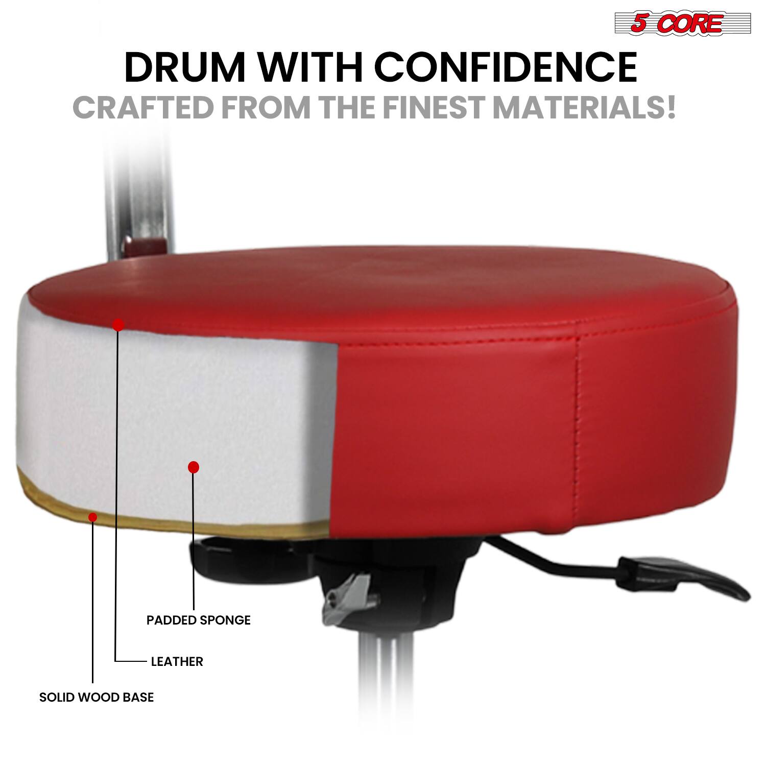 5 CORE  
DRUM WITH CONFIDENCE  
CRAFTED FROM THE FINEST MATERIALS!  

- SOLID WOOD BASE  
- LEATHER  
- PADDED SPONGE