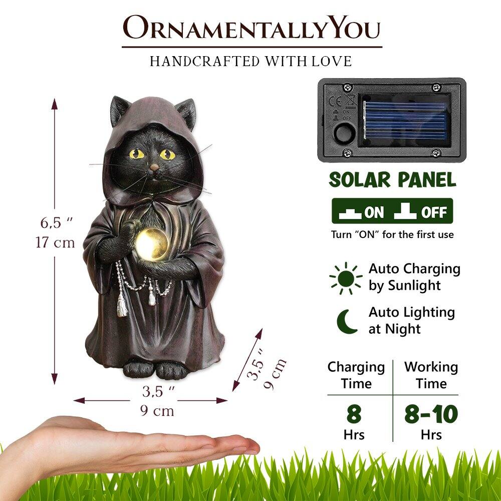 ORNAMENTALLY YOU  
HANDCRAFTED WITH LOVE  

SOLAR PANEL  
ON OFF  
Turn "ON" for the first use  

Auto Charging by Sunlight  
Auto Lighting at Night  

Charging Time: 8 Hrs  
Working Time: 8-10 Hrs  

6.5" 17 cm  
3.5" 9 cm  
3.5" 9 cm