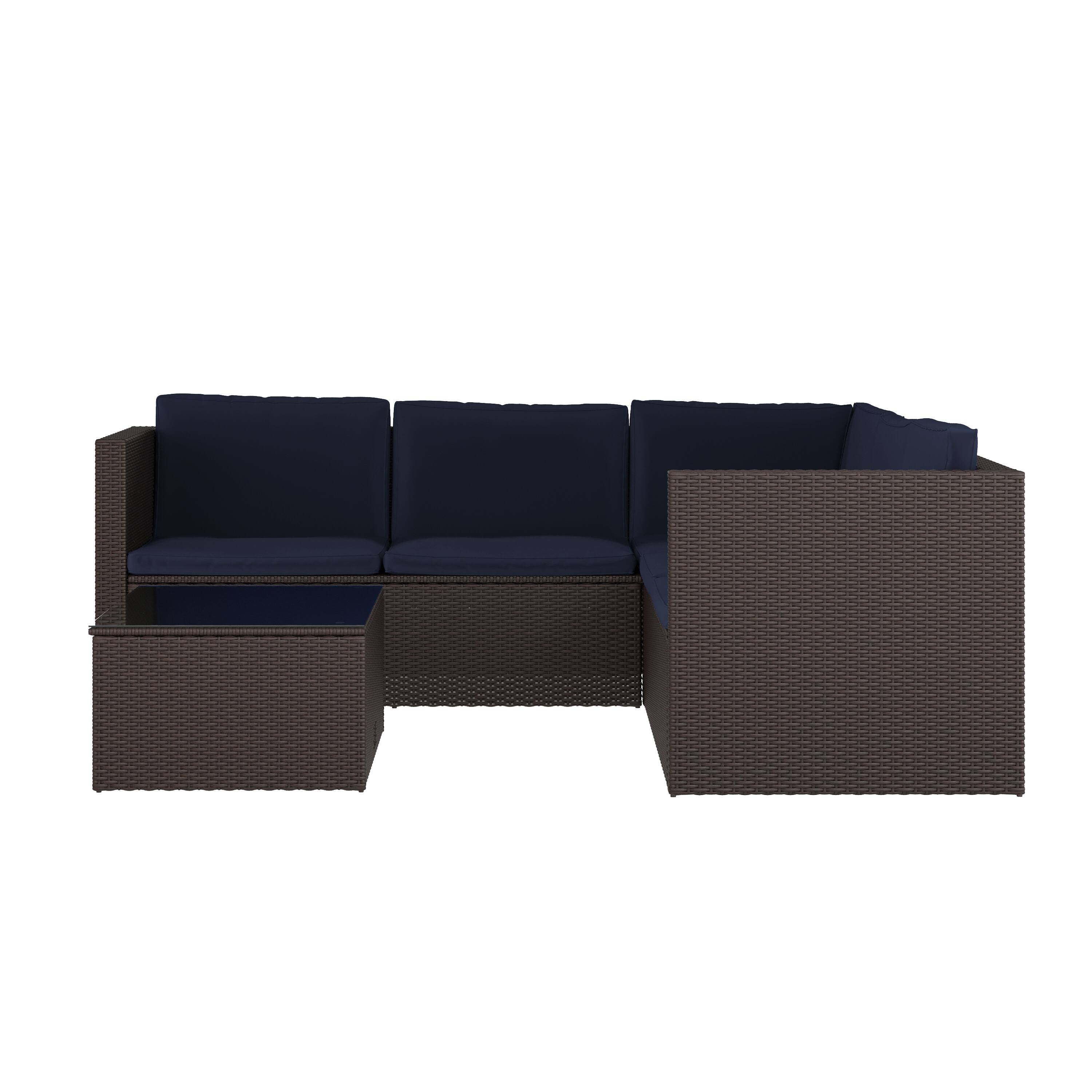 Alt View 9. Emma + Oliver - Beal All Weather Wicker PE Rattan L-Shaped Sectional Sofa with Coffee Table and Included Back and Seat Cushions - Navy Cushions/Brown Frame.