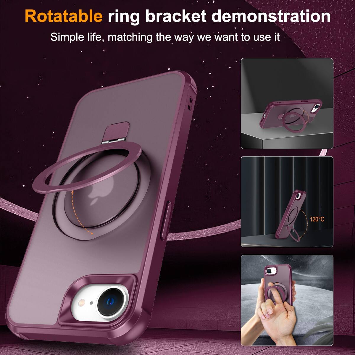 Rotatable ring bracket demonstration  
Simple life, matching the way we want to use it  

120°