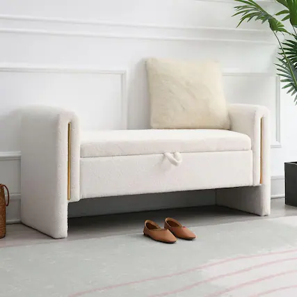 Front. Trinkets Crazed - Modern 52" Storage Ottoman Bench, Upholstered End of Bed Storage Bench with Armrests - cream.