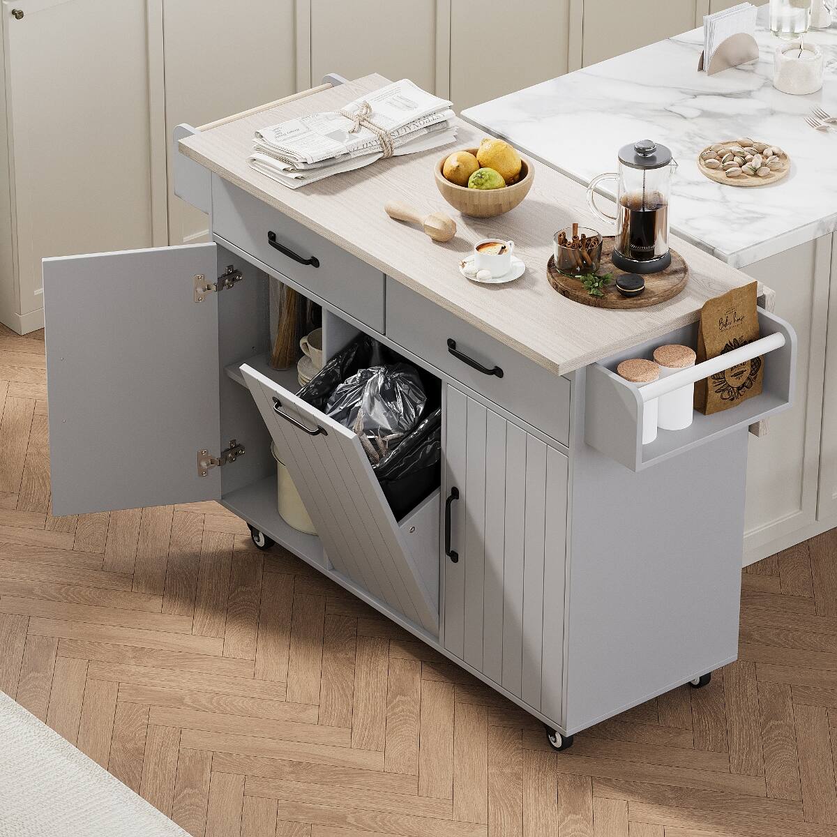 Loheer - Grey Kitchen Island with Trash Can Storage, Rolling Kitchen Cart with Drop Leaf and Spice Rack, 51-Inch - Gray