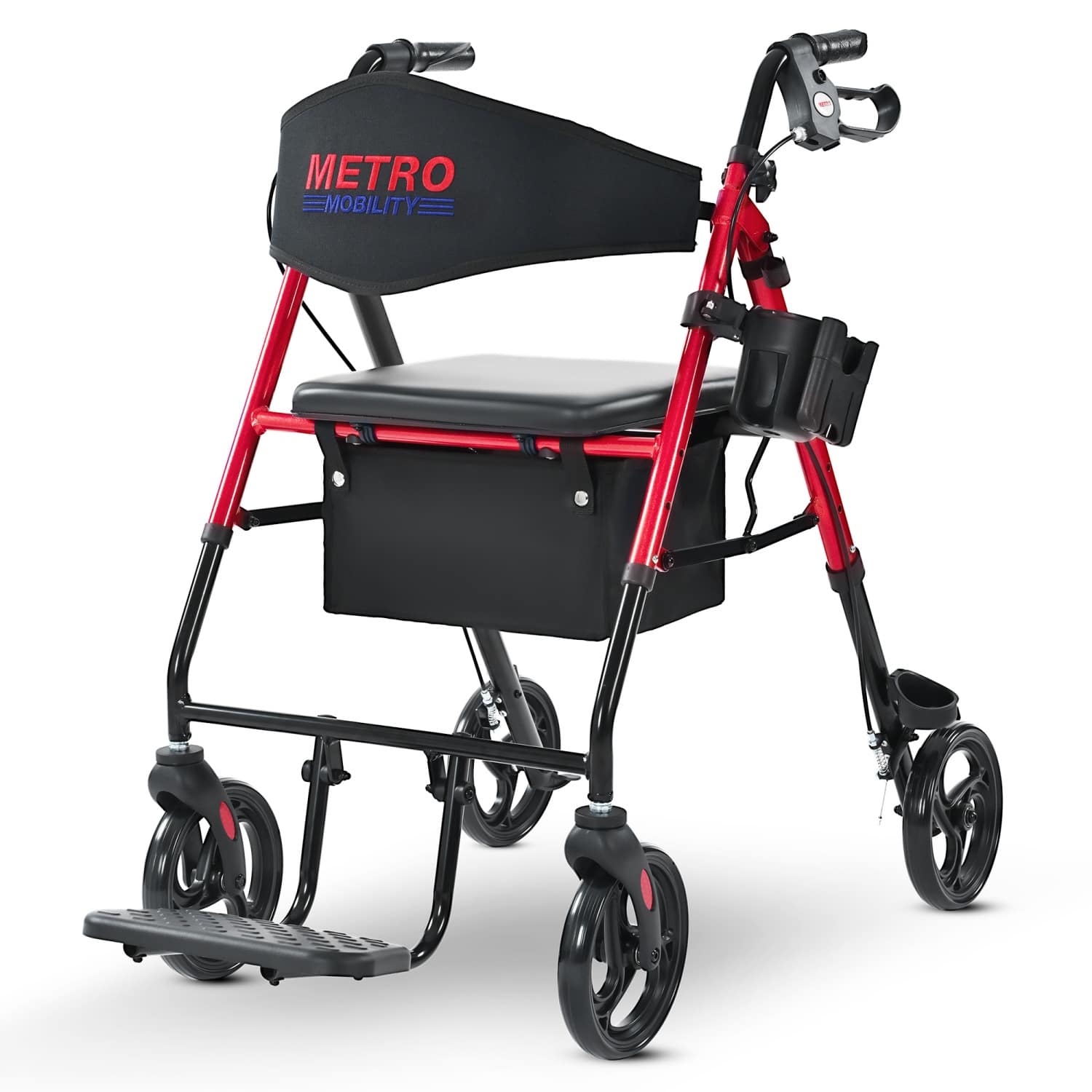 Metro Mobility - M913P 2 in 1 Rollator Walker & Transport Wheelchair for Seniors, 8" Wheels with Seat for All Terrain, 300 lb Capacity - Red