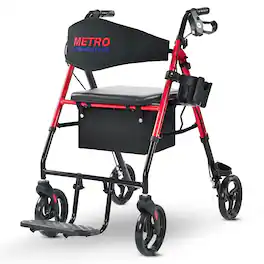 Metro Mobility - M913P 2 in 1 Rollator Walker & Transport Wheelchair for Seniors, 8" Wheels with Seat for All Terrain, 300 lb Capacity - Red