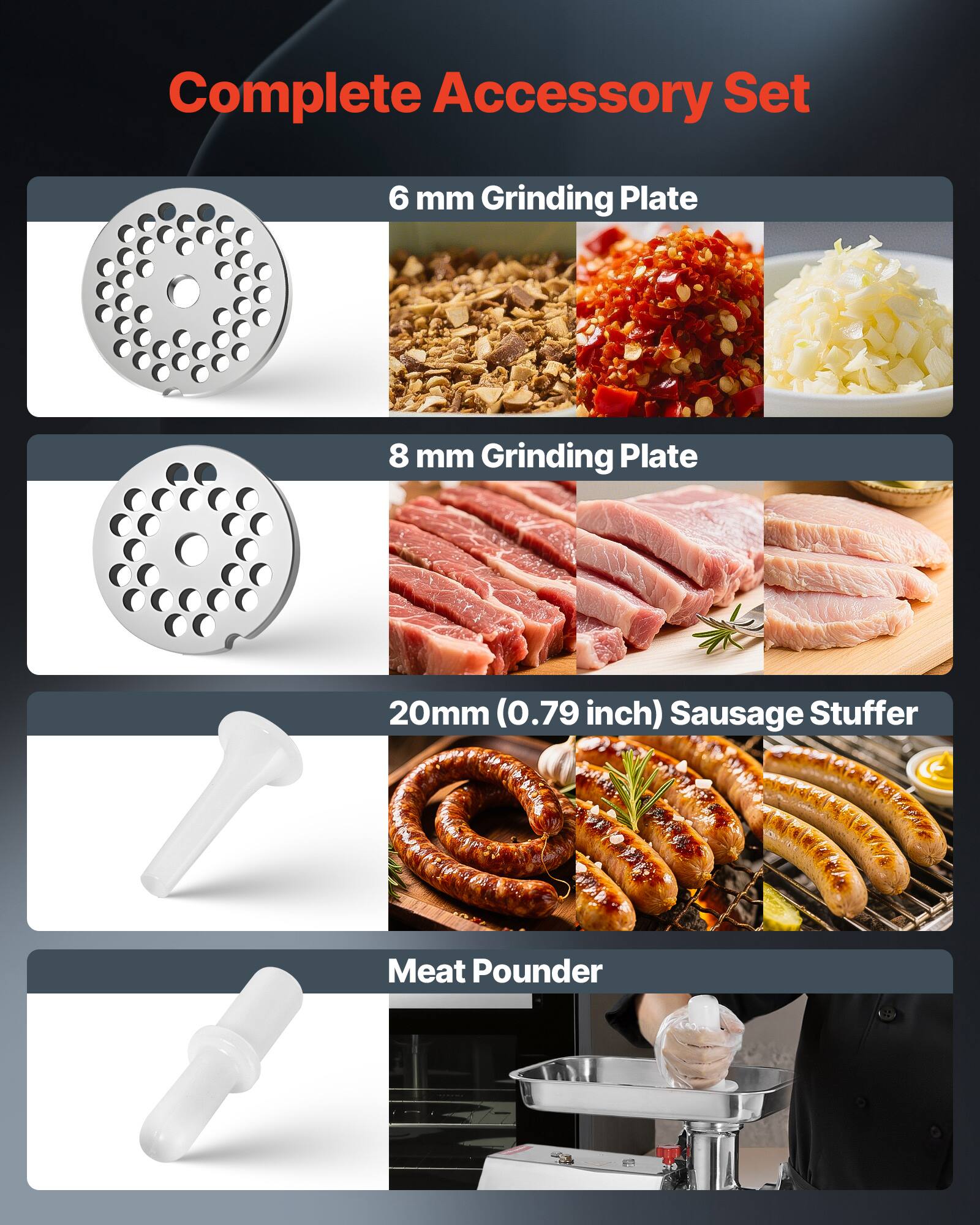 Complete Accessory Set
- 6 mm Grinding Plate
- 8 mm Grinding Plate
- 20mm (0.79 inch) Sausage Stuffer
- Meat Pounder
