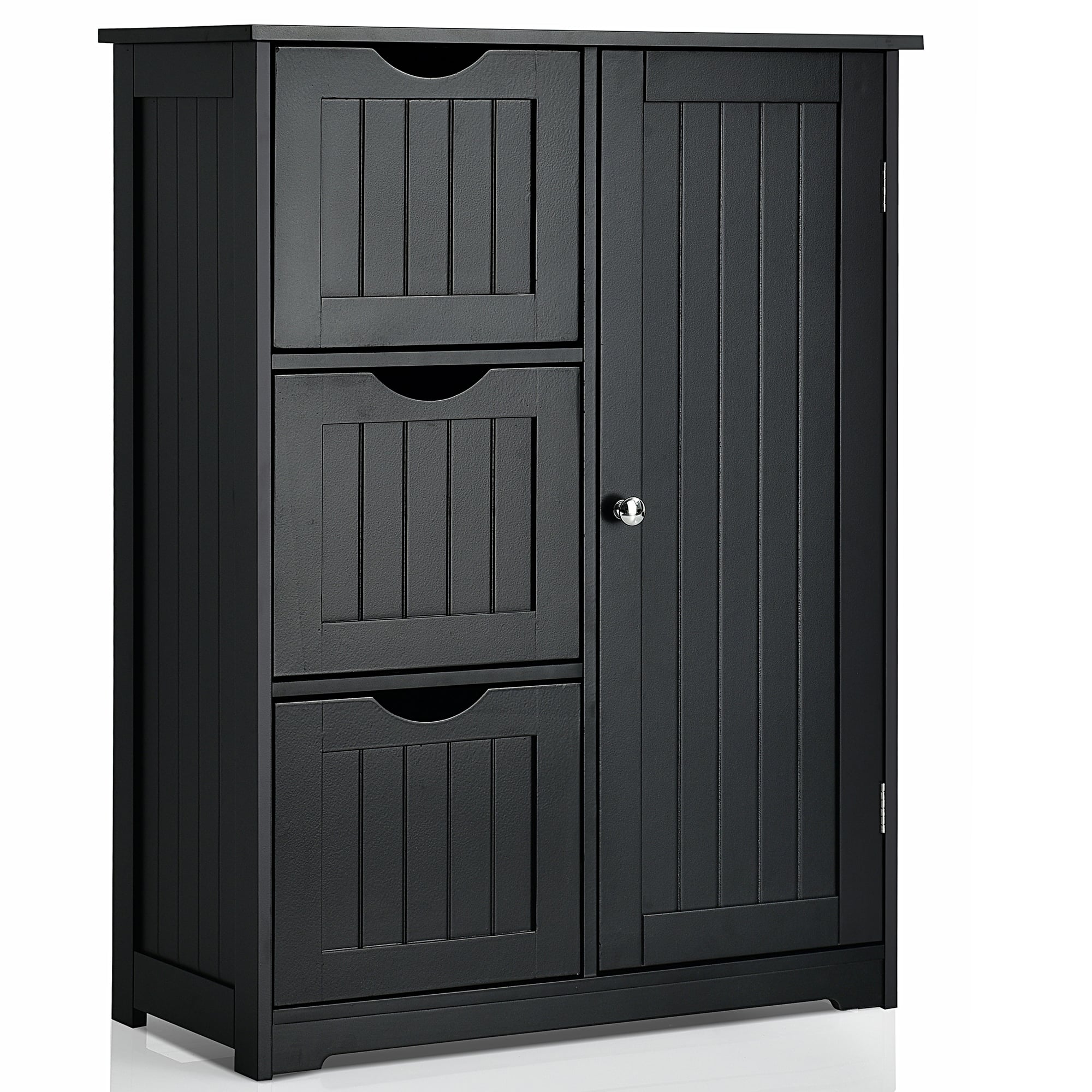 Costway - Bathroom Floor Cabinet Side Storage Cabinet with 3 Drawers and 1 Cupboard - Black
