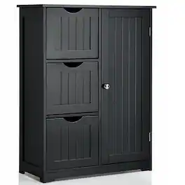 Costway - Bathroom Floor Cabinet Side Storage Cabinet with 3 Drawers and 1 Cupboard - Black