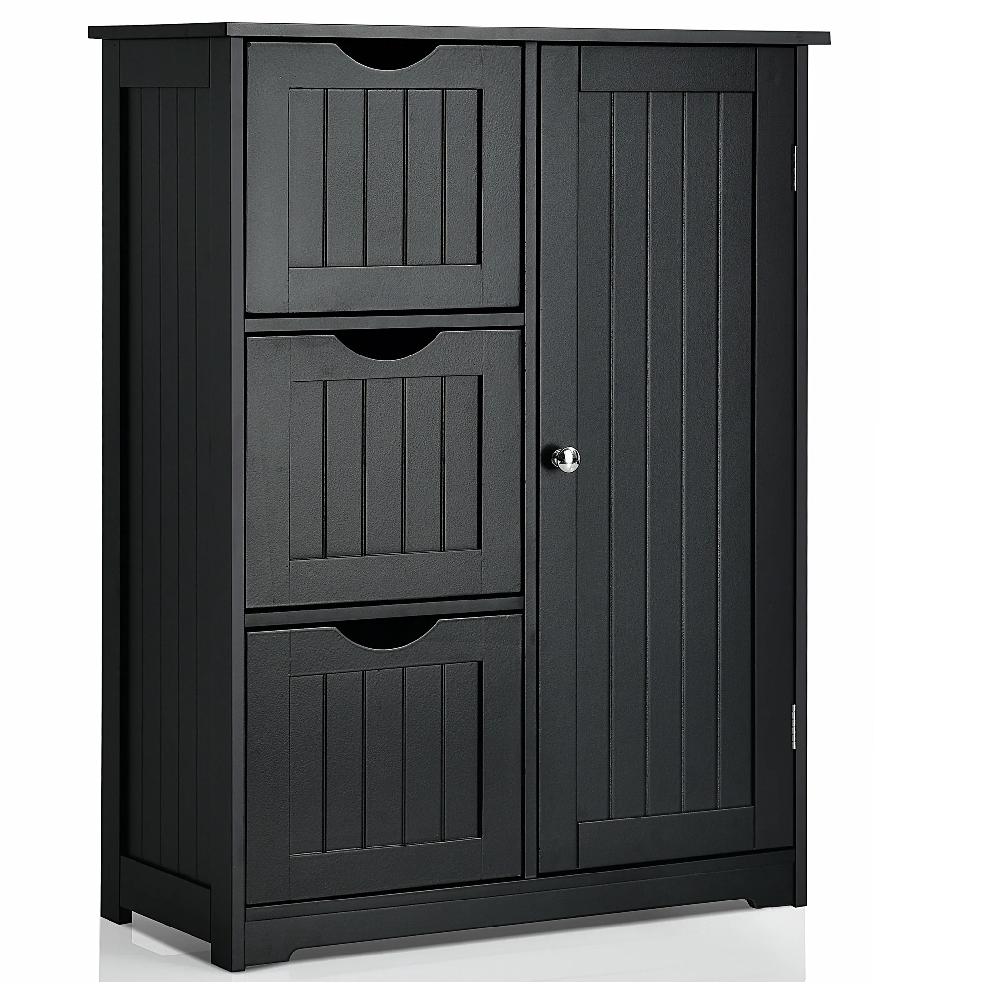 Front. Costway - Costway Bathroom Floor Cabinet Side Storage Cabinet with 3 Drawers and 1 Cupboard - Black.