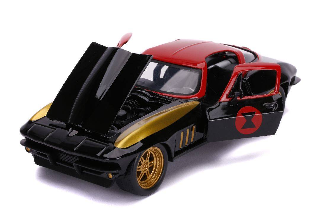 Alt View 1. Jada - 1966 Chevrolet Corvette with Black Widow Diecast Figurine "Avengers" "Marvel" Series 1/24 Diecast Model Car by Jada.