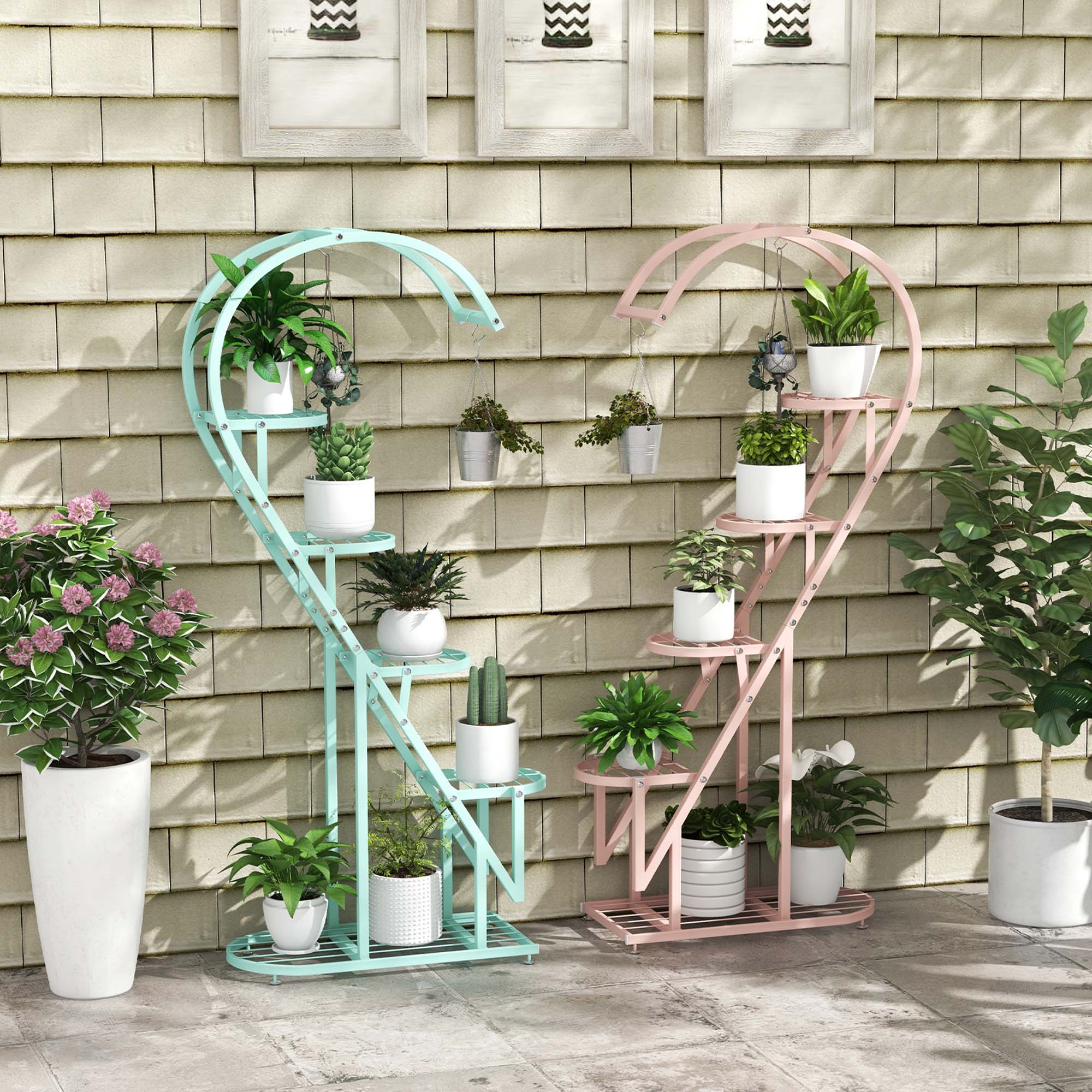 Alt View 2. Costway - 5 Tier Metal Plant Stand Heart-shaped Shelf with Hanging Hook for Multiple Plants - Pink + Blue.