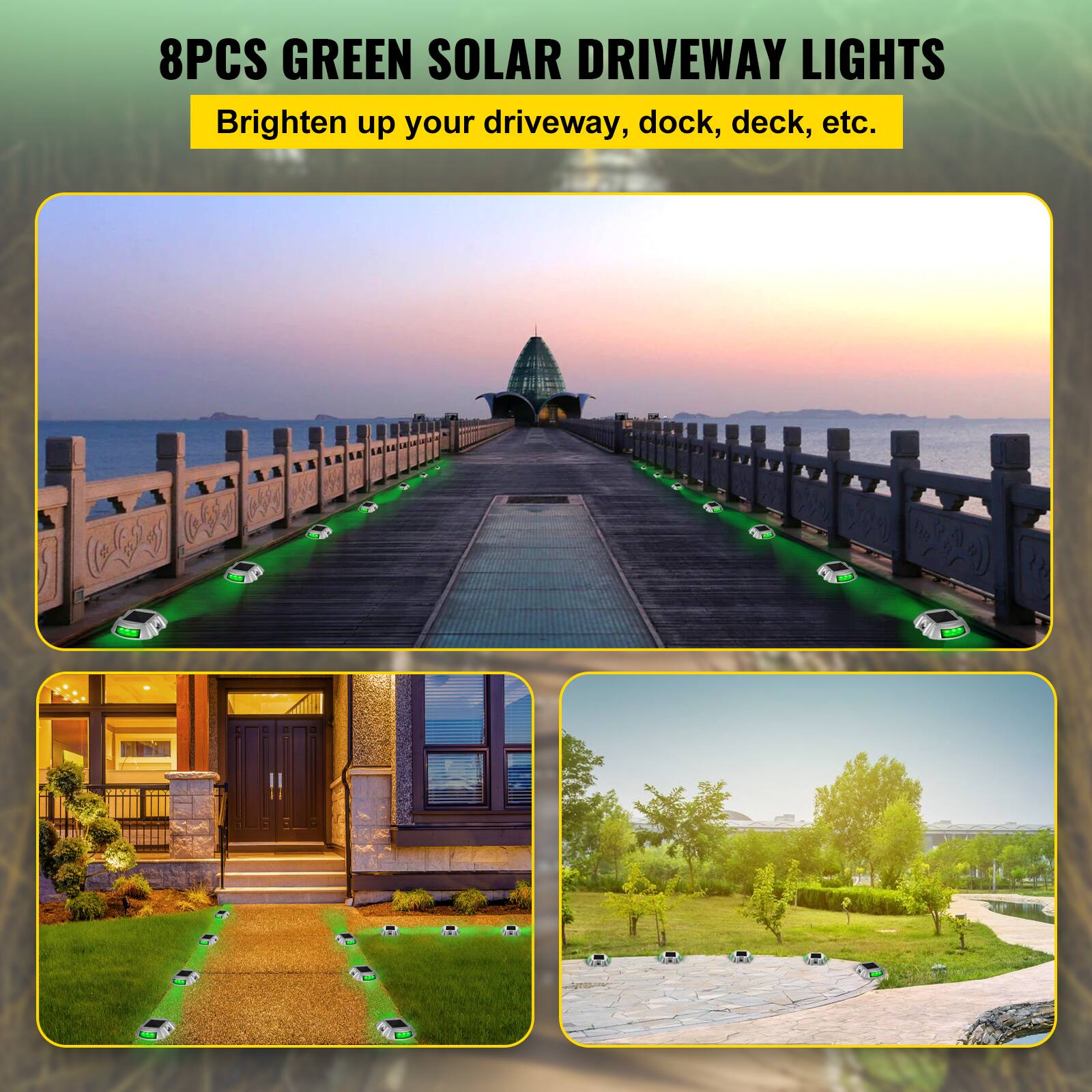 8PCS GREEN SOLAR DRIVEWAY LIGHTS  
Brighten up your driveway, dock, deck, etc.