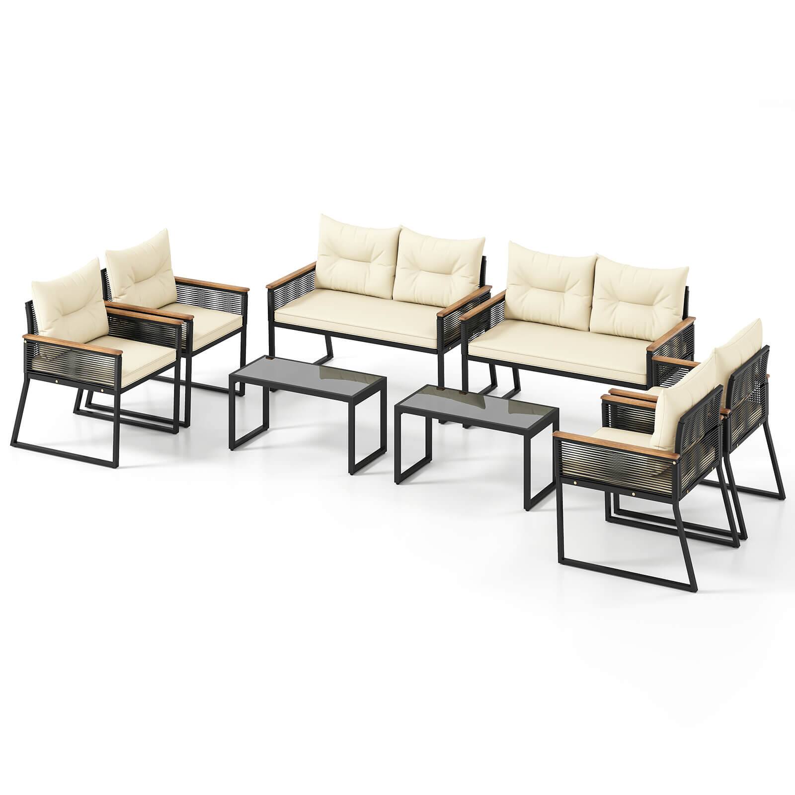 Alt View 5. Gymax - Gymax Set Of 8 Patio Furniture Set w/Tempered Glass Coffee Table PE Wicker Rattan Chairs - Black, Off White.