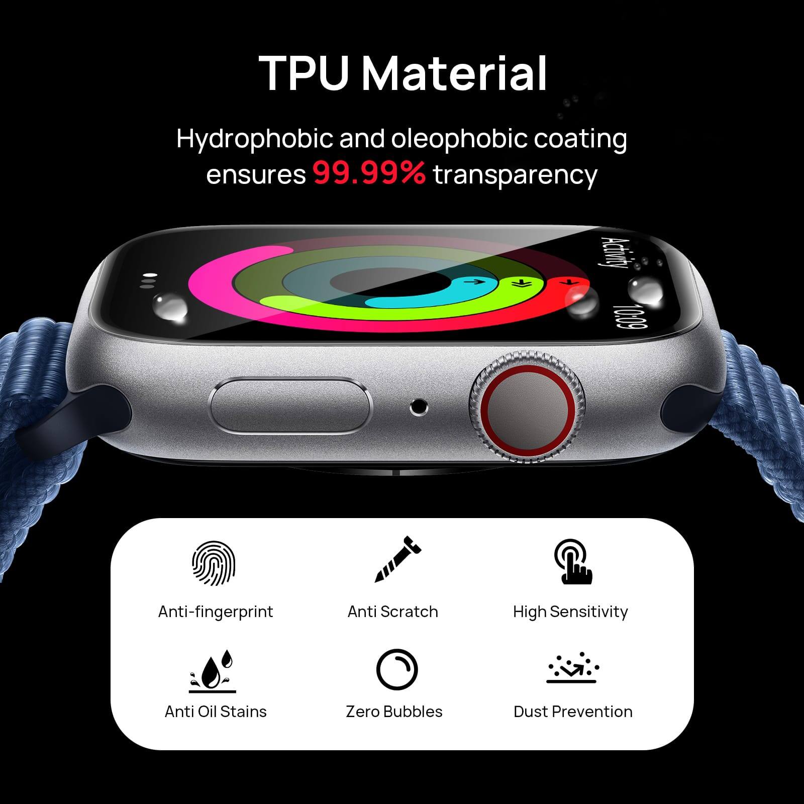 TPU Material  
Hydrophobic and oleophobic coating ensures 99.99% transparency  

Activity 4 1009  

Anti-fingerprint  
Anti Scratch  
High Sensitivity  
Anti Oil Stains  
Zero Bubbles  
Dust Prevention