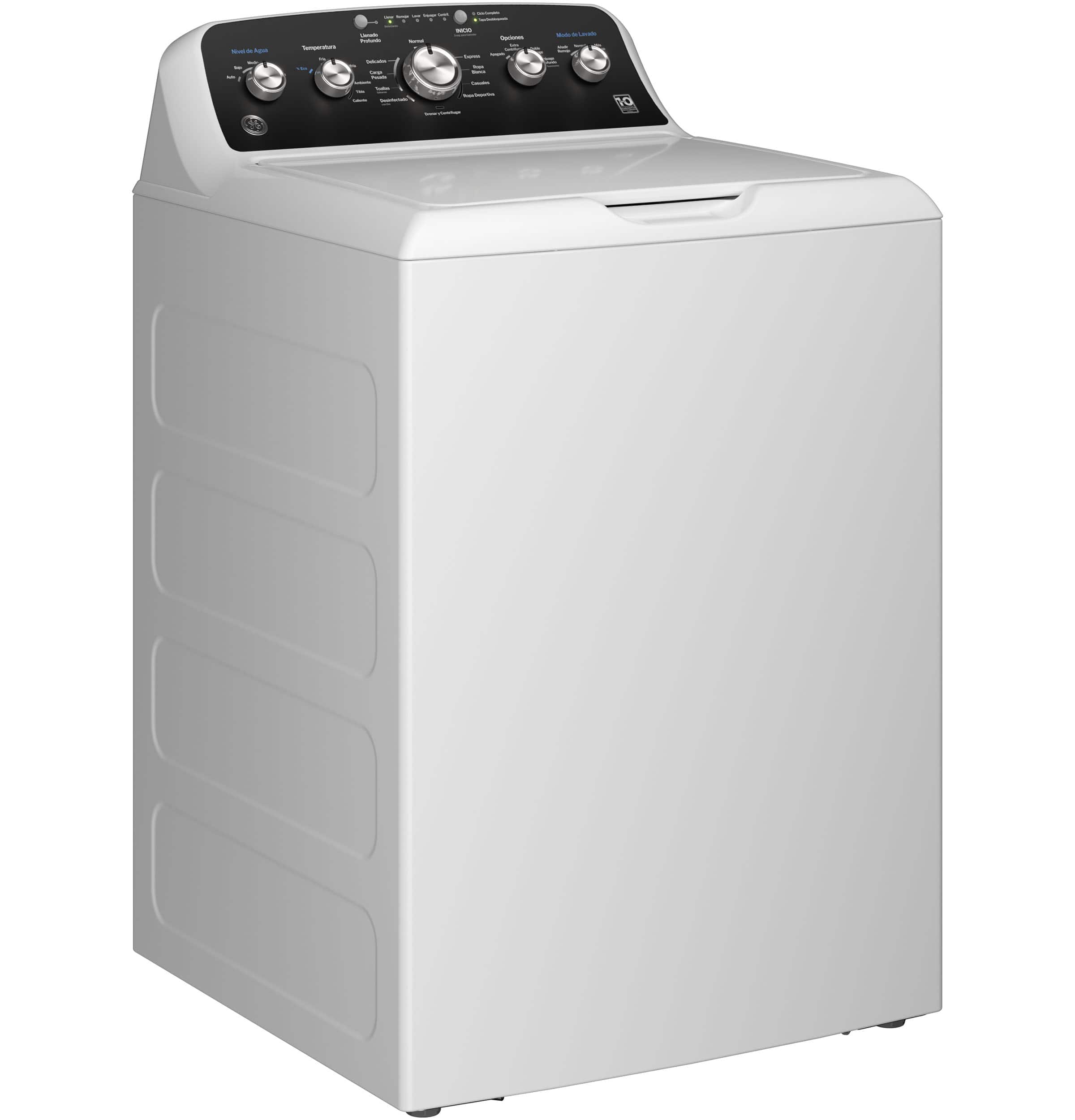 Left. GE - 4.5 Cu. Ft. High-Efficiency Top Load Washer with Spanish Control Panel - White with Matte Black.