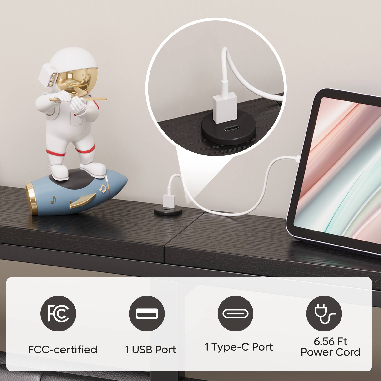 - FCC-certified
- 1 USB Port
- 1 Type-C Port
- 6.56 Ft Power Cord