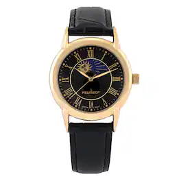 Peugeot - Men's 40mm Vintage Sun Moon Leather Strap Watch - Black