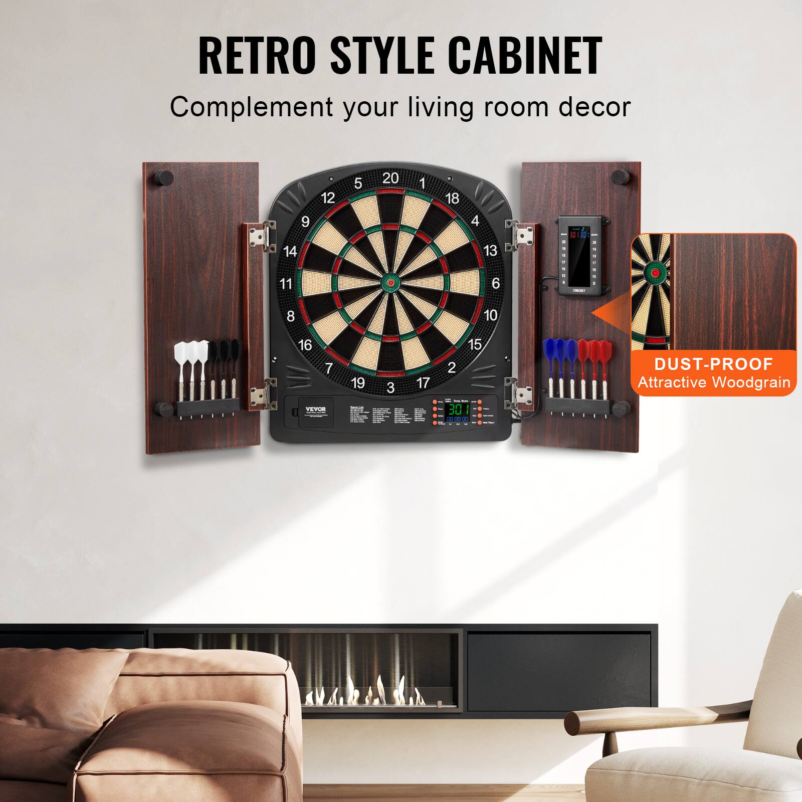 RETRO STYLE CABINET  
Complement your living room decor  

DUST-PROOF  
Attractive Woodgrain