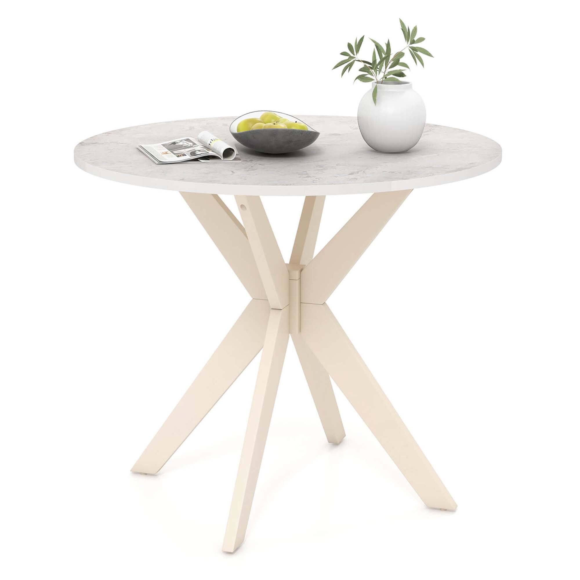 Front. Costway - Round Dining Table 36" Faux Marble Tabletop Rubber Wood Legs Kitchen - White.