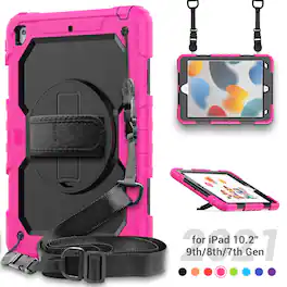 UUCOVER - Full Body Case for iPad 9th 8th 7th Gen 10.2-inch Shockproof Built-in Screen Protector Stand Hand/Shoulder Strap Cover - Black+Rose