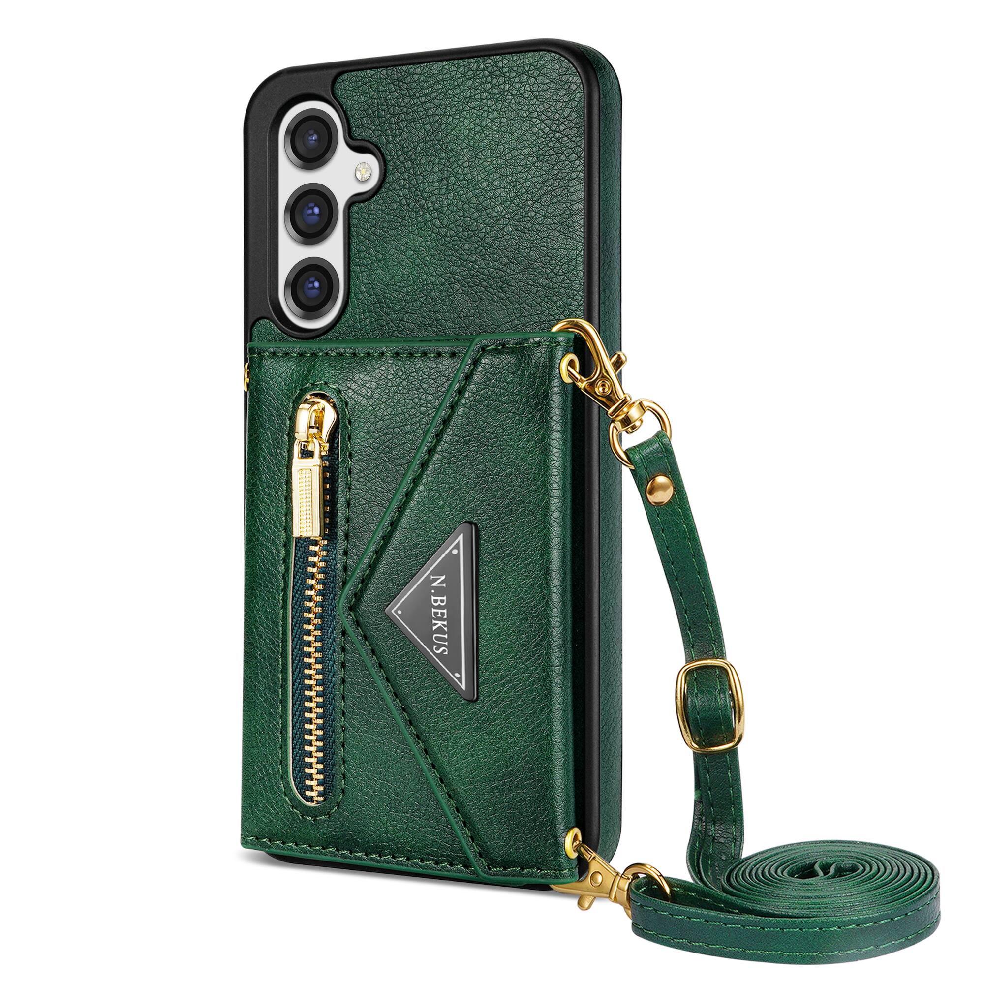 Alt View 7. Dteck - Crossbody Wallet Case for Samsung Galaxy S26, Shockproof PU Leather Stand Cover with Zipper Pocket and Card Slots - Green.