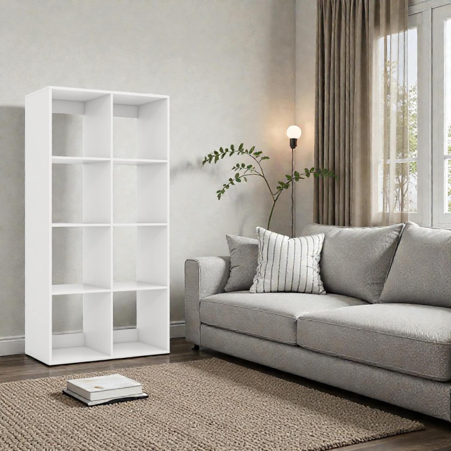 Hivvago - Freestanding 8-Compartment Bookshelf with Protective Back Guard - White