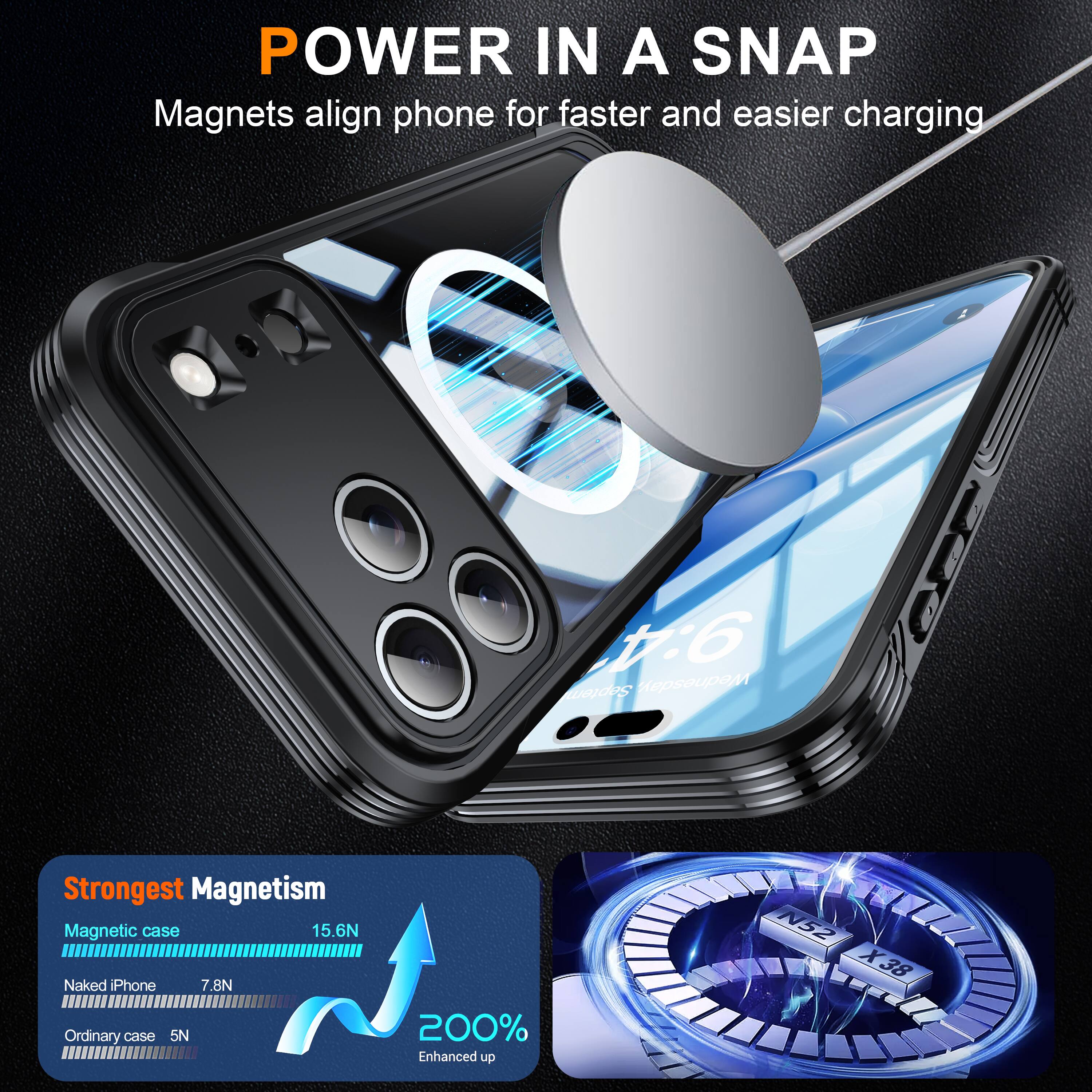 POWER IN A SNAP  
Magnets align phone for faster and easier charging  

Strongest Magnetism  
Magnetic case 15.6N  
Naked iPhone 7.8N  
Ordinary case 5N  
200% Enhanced up N52 X38