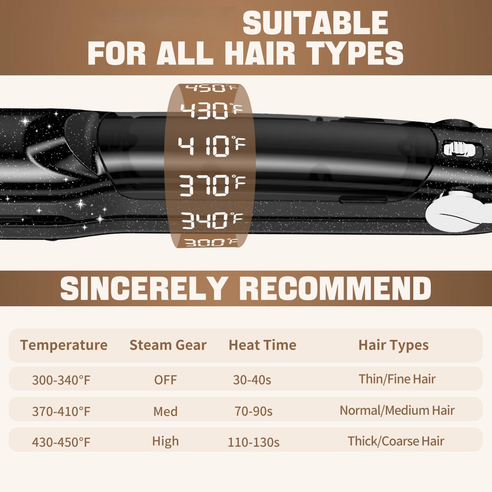 SUITABLE FOR ALL HAIR TYPES

SINCERELY RECOMMEND

Temperature | Steam Gear | Heat Time | Hair Types
--- | --- | --- | ---
300-340°F | OFF | 30-40s | Thin/Fine Hair
370-410°F | Med | 70-90s | Normal/Medium Hair
430-450°F | High | 110-130s | Thick/Coarse Hair