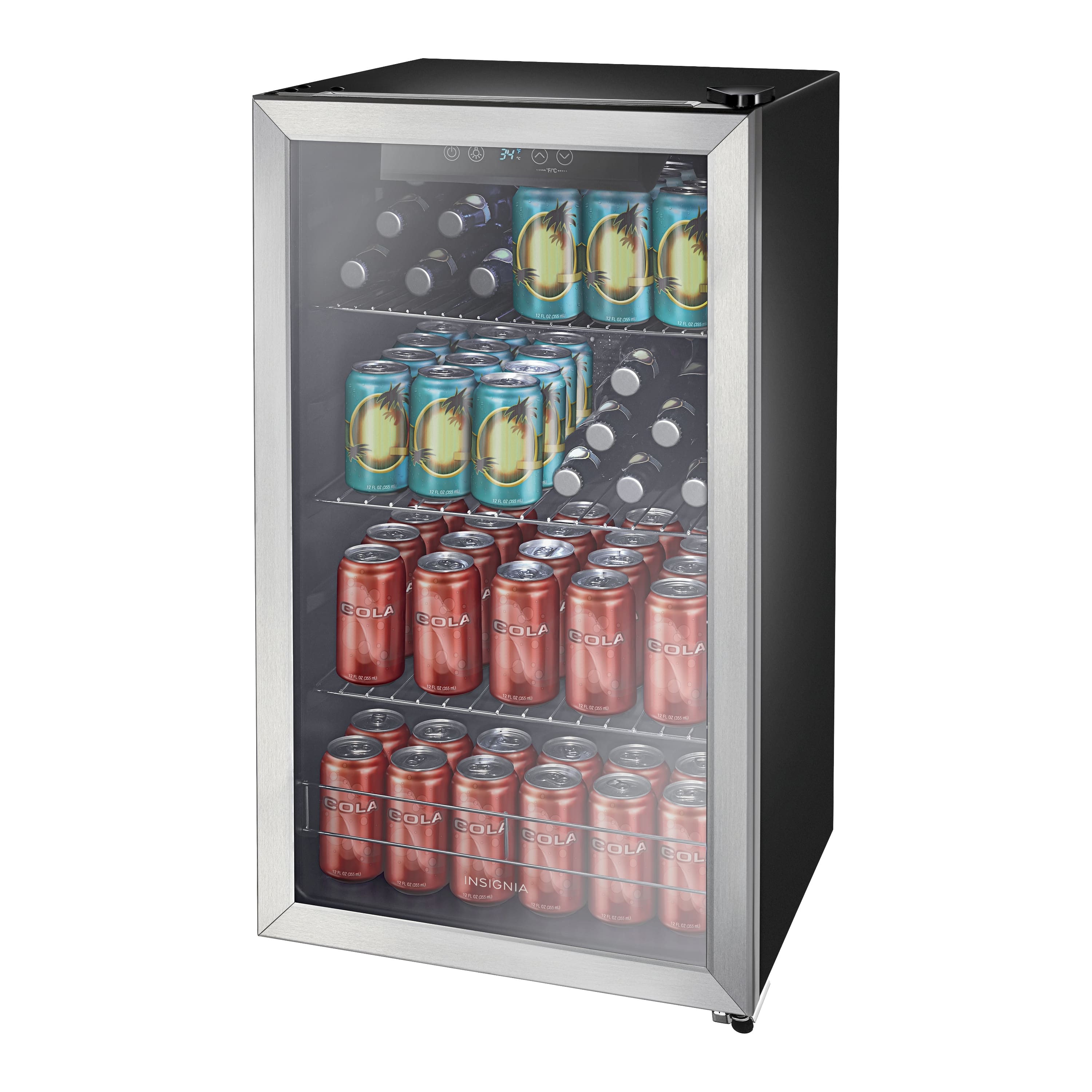 The image features a refrigerator with a variety of drinks inside. There are several cans of soda, including Gola, which are displayed in the refrigerator. The refrigerator is filled with a total of 34 cans of soda, providing a wide selection of beverages for customers to choose from.