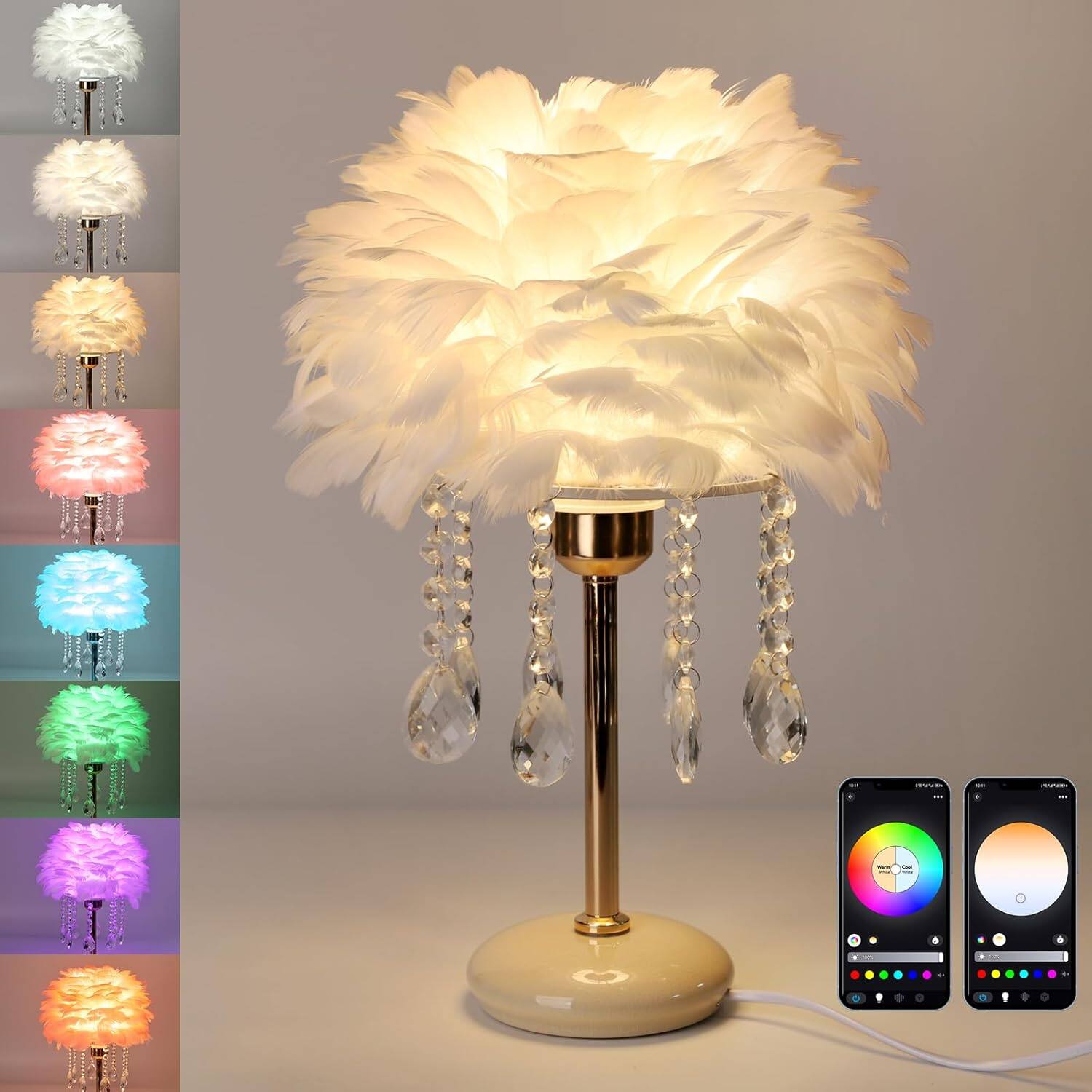 The Best Inks - White Lamp Table Lamp Smart Dimmable Crystal Crystal Feather Enchanting Cute Princess Desk Light Small - default