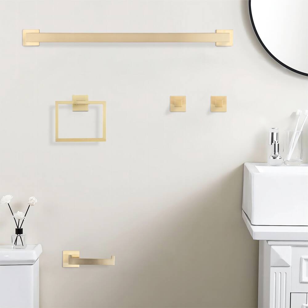 Alt View 4. JUJABU - 5-Piece Bathroom Set Towel Bar + Ring + Hooks + TP Holder, Brushed Gold - Brushed Gold.