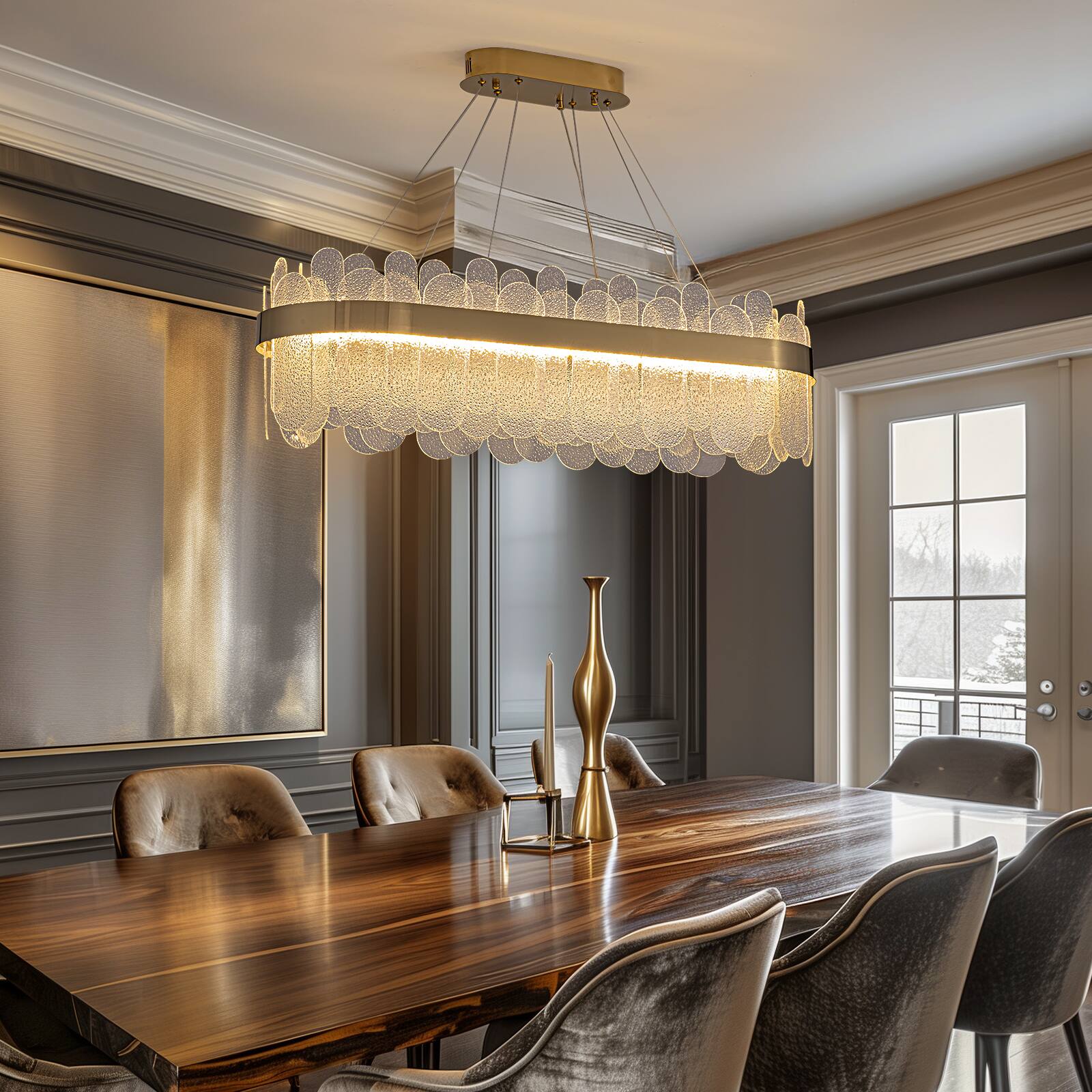Back. Siljoy - 39.4" Gold Linear Crystal Glass Chandelier, Dimmable LED Pendant Light for Dining Room Kitchen Island Living Foyer - Gold.