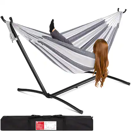 Front. Best Choice Products - Best Choice Products 2-Person Brazilian-Style Cotton Double Hammock with Stand Set w/ Carrying Bag - Steel - Steel.