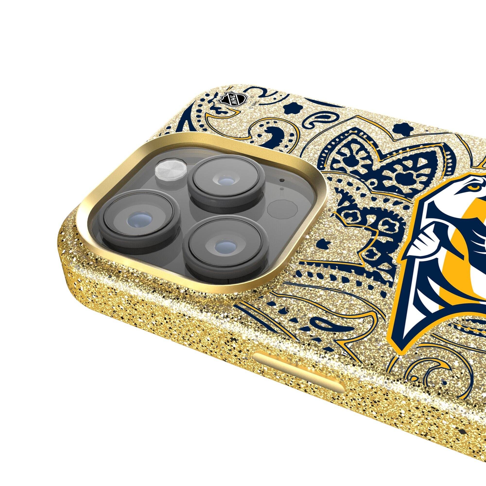 Alt View 3. Keyscaper - Gold Nashville Predators Paisley Bling iPhone Case - 14 Pro - Gold.