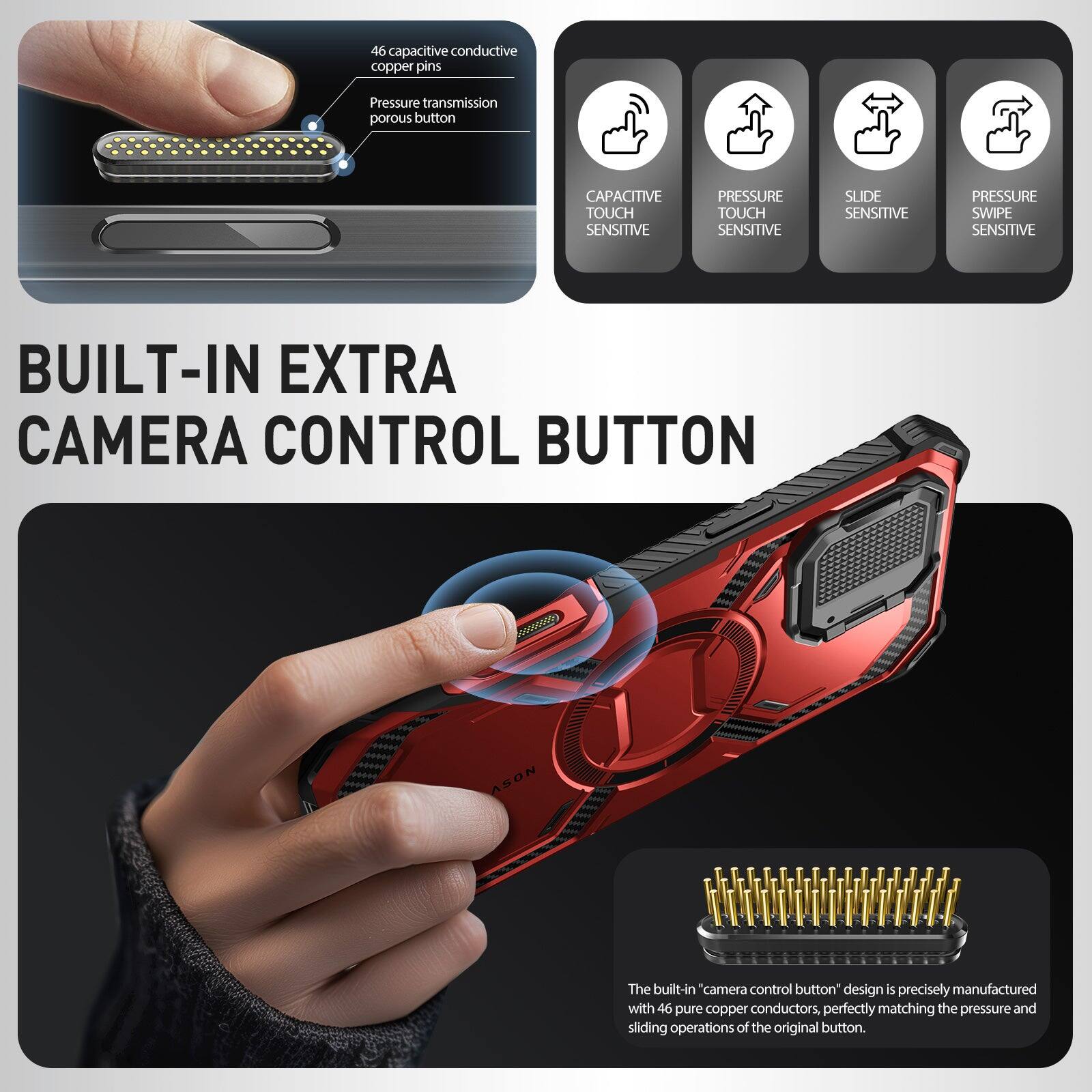BUILT-IN EXTRA CAMERA CONTROL BUTTON

46 capacitive conductive copper pins
Pressure transmission porous button

CAPACITIVE TOUCH SENSITIVE
PRESSURE TOUCH SENSITIVE
SLIDE SENSITIVE
PRESSURE SWIPE SENSITIVE

The built-in "camera control button" design is precisely manufactured with 46 pure copper conductors, perfectly matching the pressure and sliding operations of the original button.