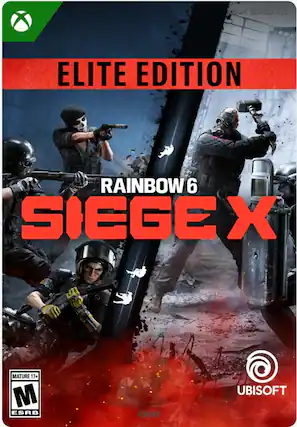 The text on the image is grouped and corrected as follows:
"Rainbow 6 Siege X Elite Edition - Mature 17+ - M ESRB - Game - Ubisoft" - M (Mature 17+)