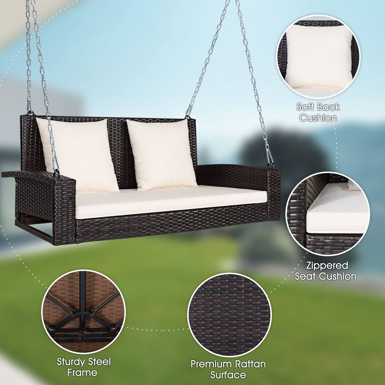 Soft Back Cushion, Zippered Seat Cushion, Sturdy Steel Frame, Premium Rattan Surface