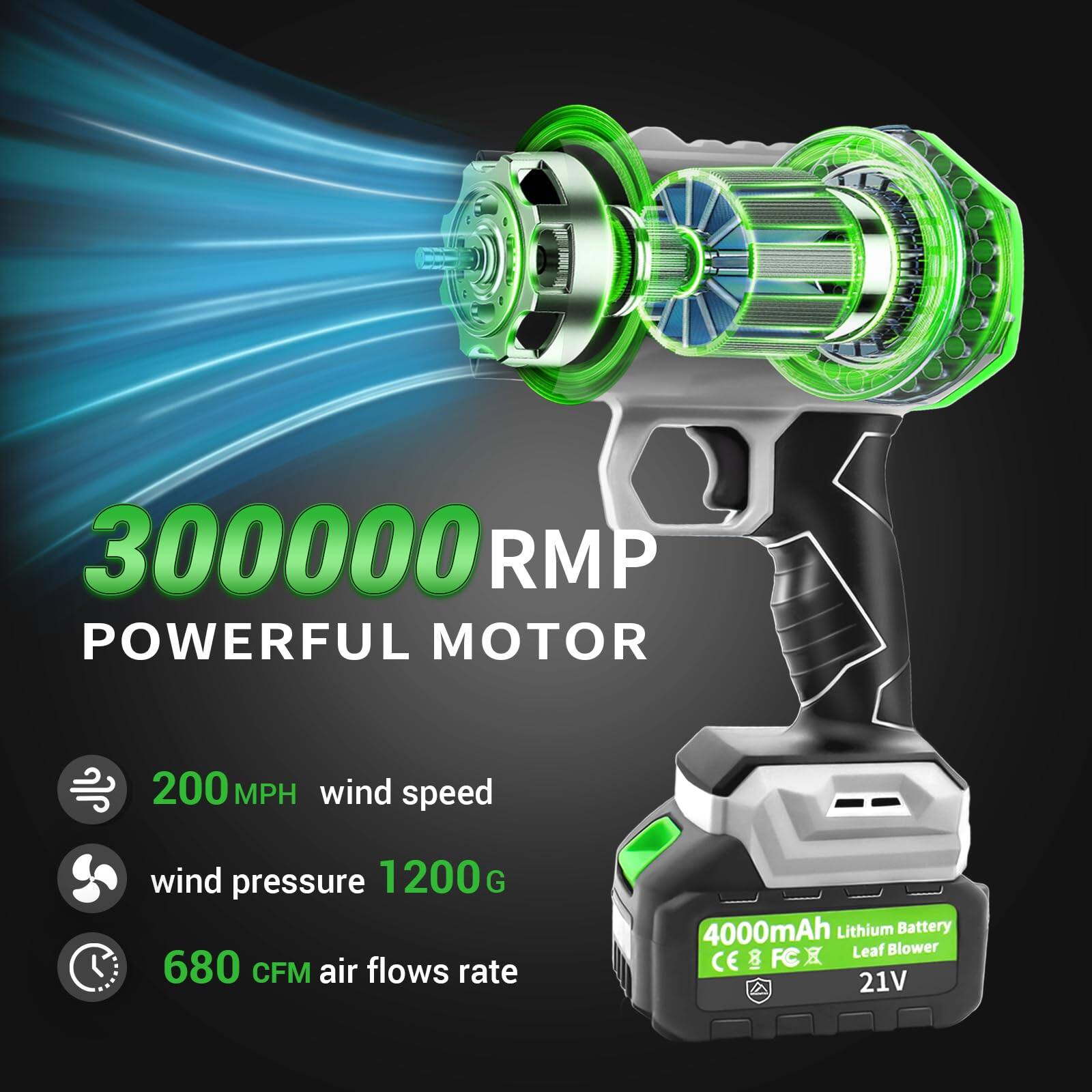 300000 RPM POWERFUL MOTOR

200 MPH wind speed

wind pressure 1200 G

680 CFM air flows rate

4000mAh Lithium Battery

CE 100 FC 21V