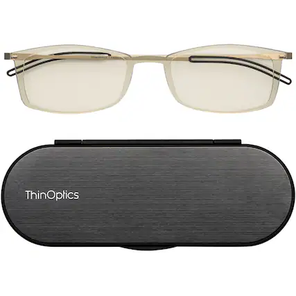 Front. ThinOptics - Brooklyn 1.0 Strength Blue Light Blocking Glasses with Black Milano Case - Clear.
