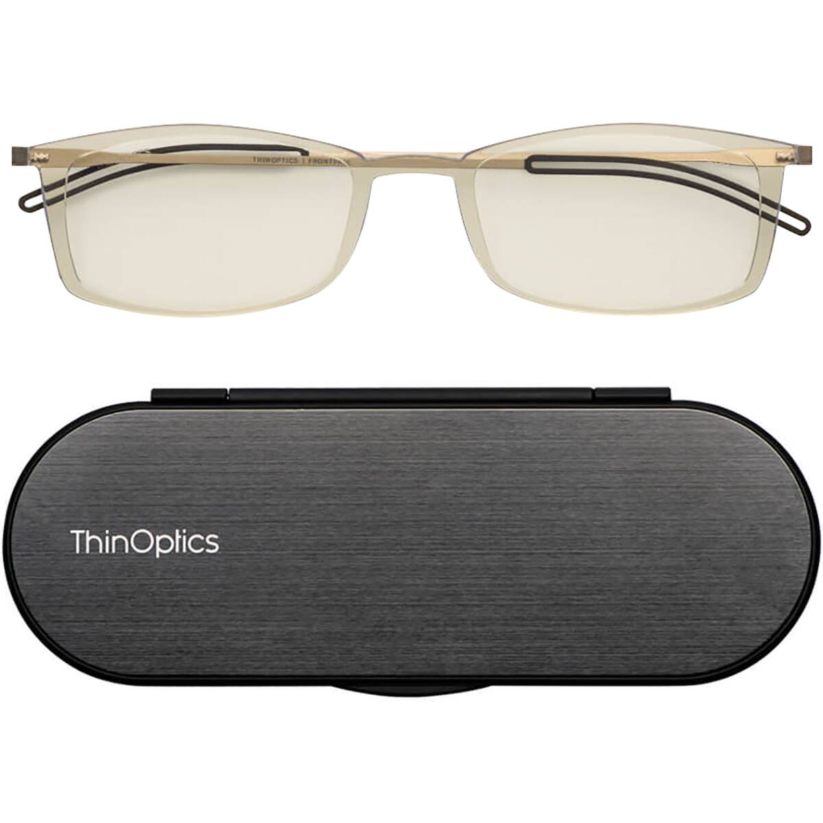Front. ThinOptics - Brooklyn 1.0 Strength Blue Light Blocking Glasses with Black Milano Case - Clear.