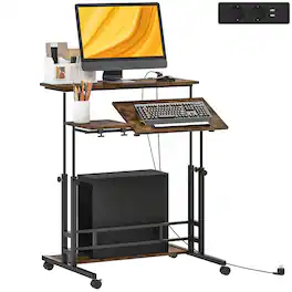 Homcom - Height Adjustable Standing Desk with Power Outlets, Tiltable Tabletop and Lockable Wheels - Brown