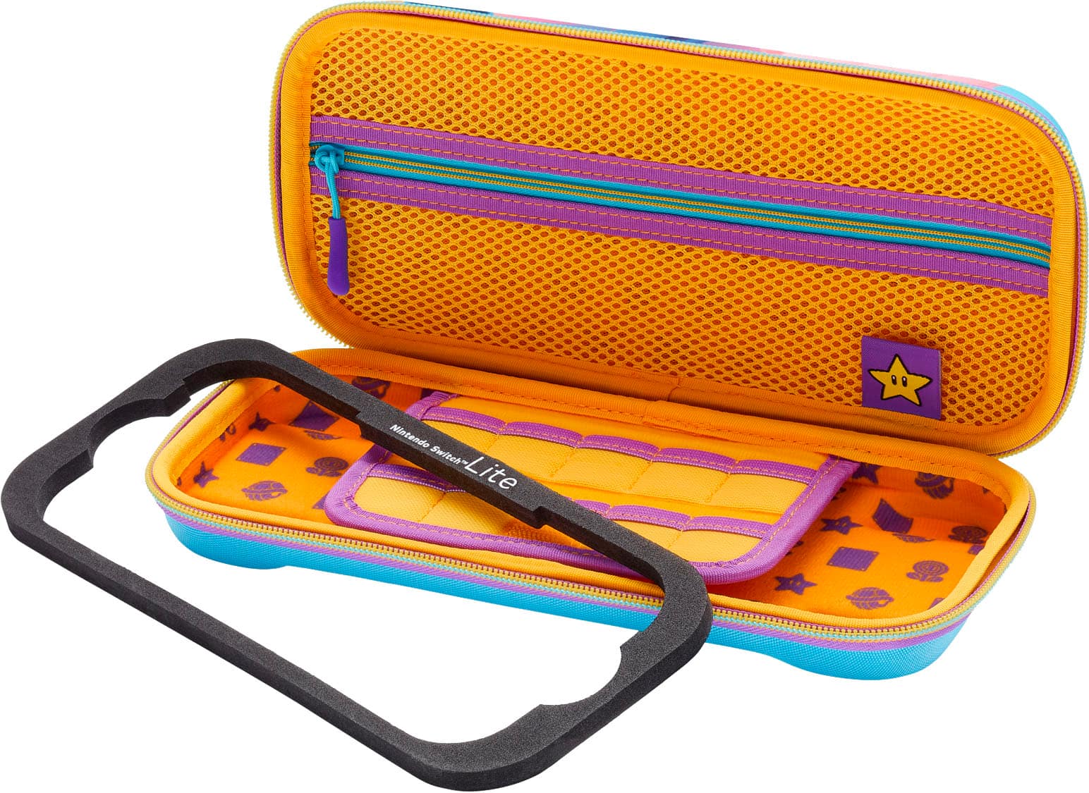 The image features a Nintendo Switch Lite case with a colorful design. The case is open, revealing the contents inside, which include a black stylus and a yellow case. The case is designed to hold the Nintendo Switch Lite and its accessories, providing a convenient and protective storage solution for the gaming device.