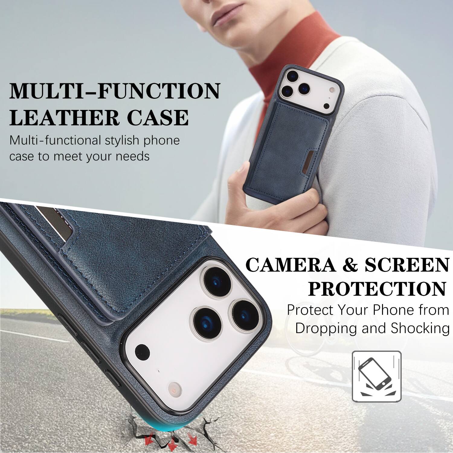 MULTI-FUNCTION LEATHER CASE  
Multi-functional stylish phone case to meet your needs  

CAMERA & SCREEN PROTECTION  
Protect Your Phone from Dropping and Shocking
