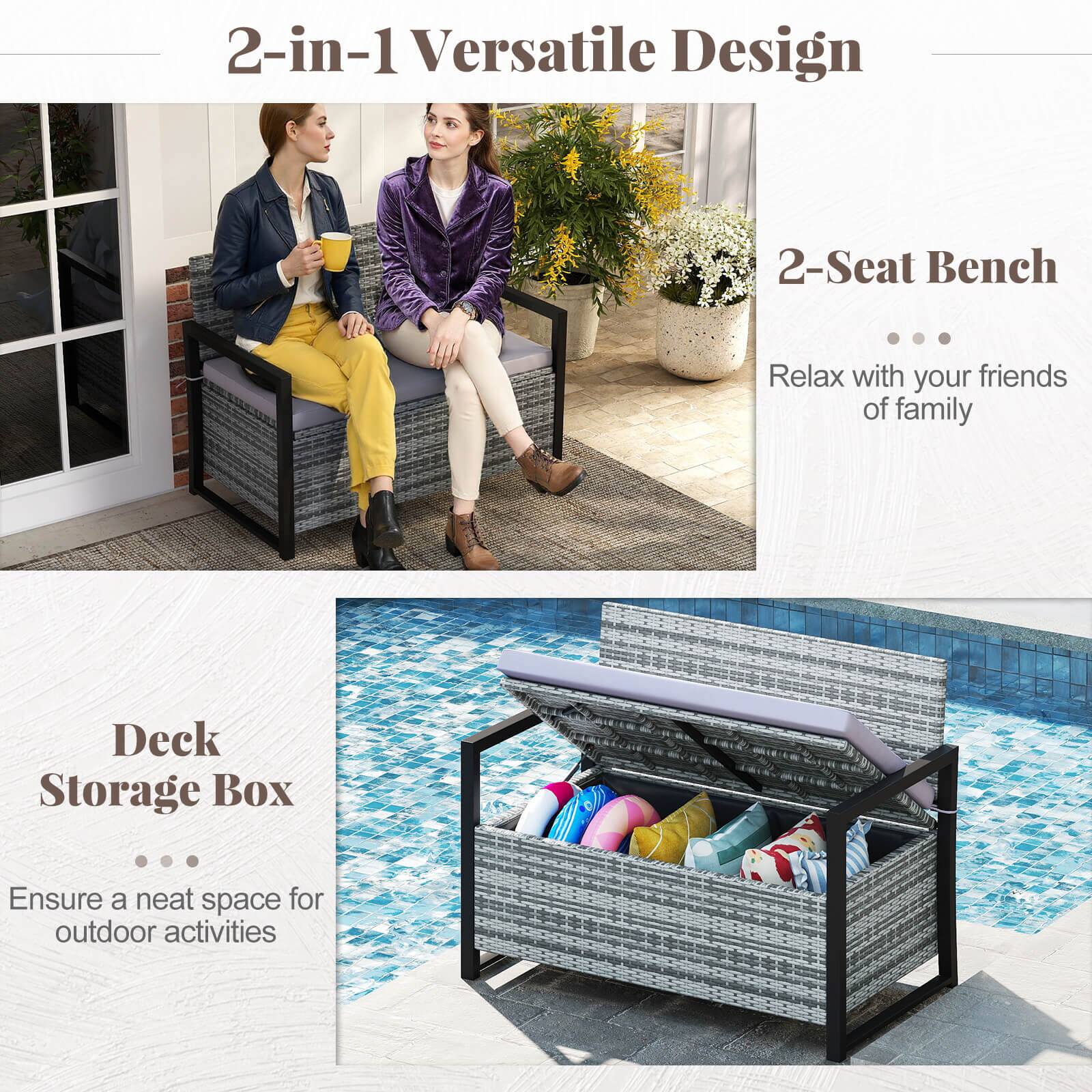 2-in-1 Versatile Design

2-Seat Bench
Relax with your friends or family

Deck Storage Box
Ensure a neat space for outdoor activities
