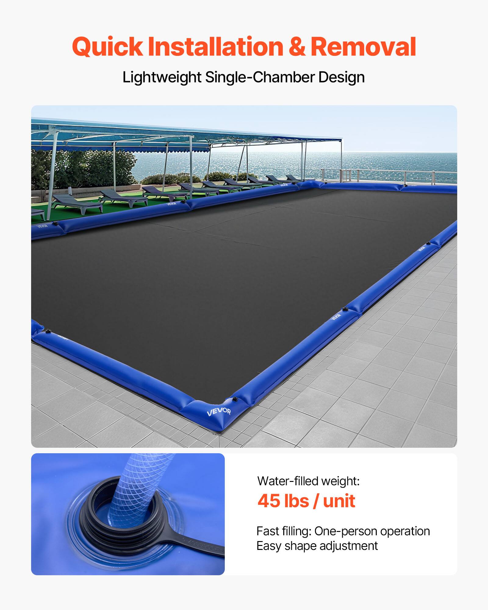 Quick Installation & Removal  
Lightweight Single-Chamber Design  

Water-filled weight:  
45 lbs / unit  

Fast filling: One-person operation  
Easy shape adjustment