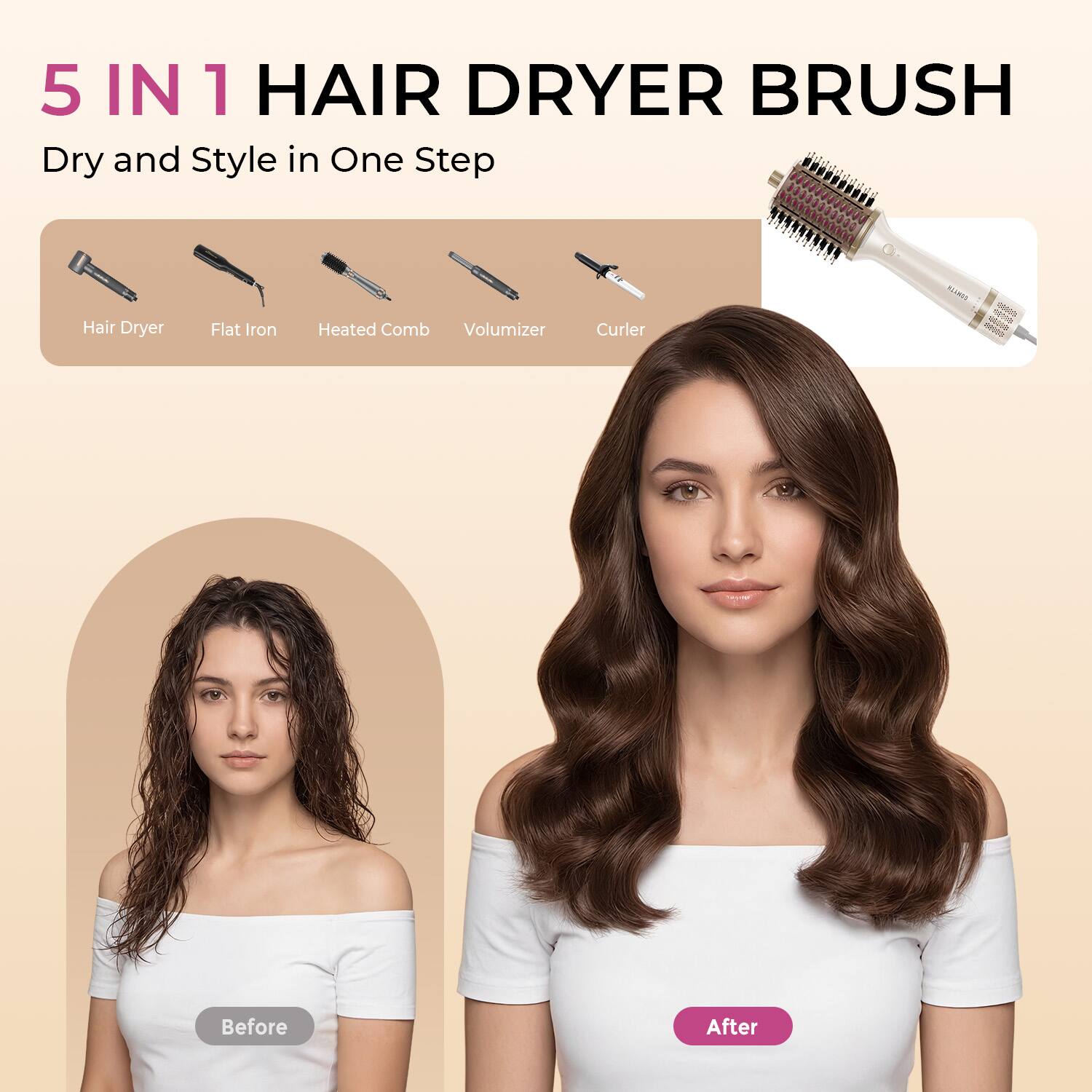 5 IN 1 HAIR DRYER BRUSH  
Dry and Style in One Step  
Hair Dryer  
Flat Iron  
Heated Comb  
Volumizer  
Curler  

Before  
After