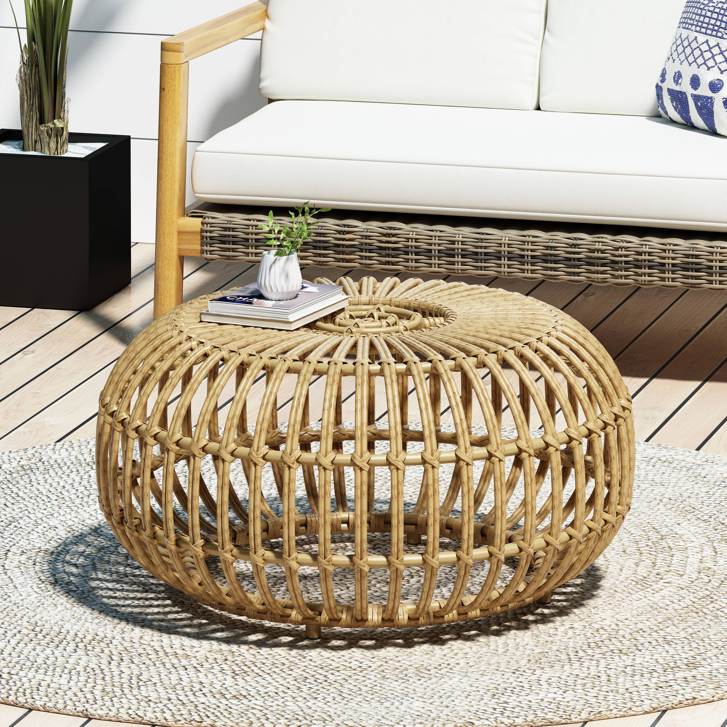APRILSOUL - Boho Chic 30in Faux Rattan Coffee Table Handcrafted All-Weather PE Woven Texture - Light Brown