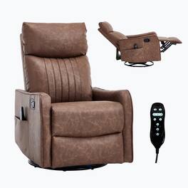 LUCKY ONE - Faux Leather Manual Recliner Chair with 360° Swivel, Rocker, Massage and Lumbar Heat - Brown