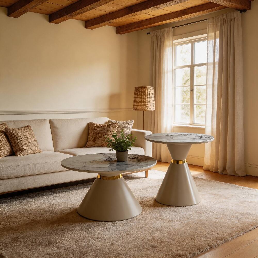 Alt View 6. Loheer - Loheer Round Nesting Coffee Table Set of 2 Sintered Stone Top Khaki Pedestal Base - Khaki.